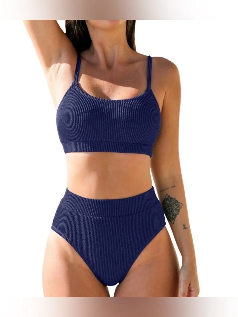 New Navy Blue CupShe Ribbed Highwaisted Bikini Set. Medium